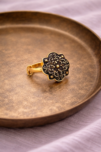 Women Gold Plated <b>Adjustable</b> Finger <b>Ring</b> with Black Enamel Floral Pattern Designer Jewelry Gift Wedding Wear - Product Image 4