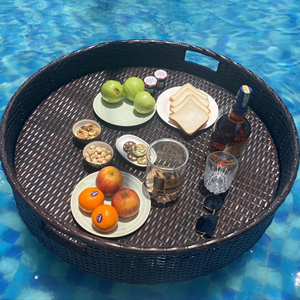 Plateau à thé AC00033, plateau rond flottant de luxe pour le petit-déjeuner et le service, en métal, pour les hôtels et les villas, utilisation en bord de piscine - Product Image 1
