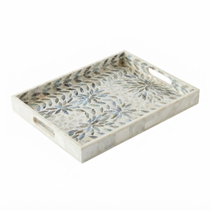Plateau de service rectangulaire décoratif fait main en nacre incrustée, motif floral en mosaïque, avec poignée, pour table basse et hôtel - Product Image 1