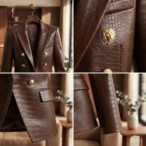 Brown Crocodile Embossed <b>Faux</b> <b>Leather</b> <b>Blazer</b> <b>Women's</b> Double Breasted Full Sleeve Autumn Jacket Regular Length - Product Image 5
