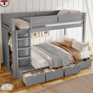 Letto a Castello in Legno Massello con 4 Cassetti Contenitore, Sponde di Sicurezza a Tutta Lunghezza, Armadio Integrato per Bambini, Senza Box S - Product Image 1