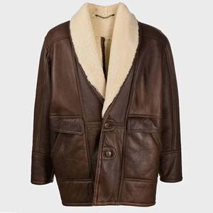 Chaqueta de Cuero Marrón para Hombre, con Botones, Cuello de Piel, Abrigo de Invierno de Piel de Oveja Genuina, Forro Polar Cálido - Product Image 1