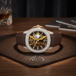 Reloj de Pulsera de Cuarzo con Esfera Marrón y Moissanita, Caja de Acero Inoxidable con Pavé Completo, Correa de Goma para Hombre - Product Image 5