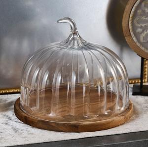 Small clear <b>glass</b> <b>dome</b> with wooden bowl base rustic dessert display for fruits snacks kitchen table new style stand base feeted - Product Image 3