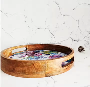 Plateau de service en bois émaillé fabriqué à la main forme ronde meilleure qualité avec motif floral produit cadeau unique - Product Image 2