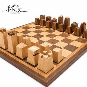 Light And Dark Brown Wooden <b>Chess</b> Set With Geometric Square Pieces Checkered <b>Board</b> Handmade Strategy Game <b>Table</b> Decor Gift - Product Image 5