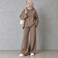 Ensemble 2 pièces en tricot rose pour femmes, à capuche, manches longues, coupe ample, décontracté, couleur unie, pantalon long, hiver, séchage rapide, respirant