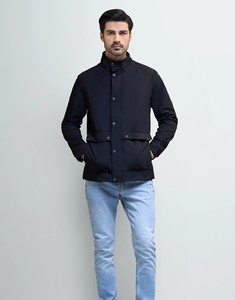 <b>Men's</b> Dark <b>Navy</b> blue Stand Collar Bomber Jacket Polyester <b>Fleece</b> Windproof Casual Autumn Wear Solid Color Zipper Closure - Product Image 4