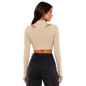 Chemisier court élégant à manches longues et col roulé pour femme, avec découpes, logo personnalisé en strass, en coton et élasthanne, pour tenue décontractée - Product Image 2