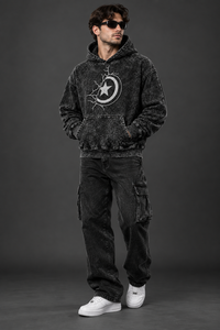 Sudadera con Capucha Negra para Hombre, Lavado Ácido, con Gráfico de Estrella Personalizado, Estilo Oversize, Urbana, Informal, de Forro Polar, OEM - Product Image 6
