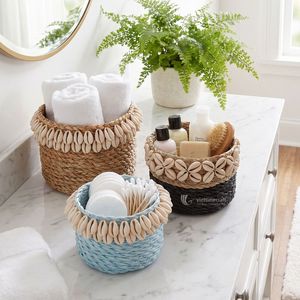 Cesta de Almacenamiento de Fibra Natural con Adornos de Conchas de Cauri, Hecha a Mano, Ecológica, Organizador de Escritorio, Decoración Costera para Baño - Product Image 5