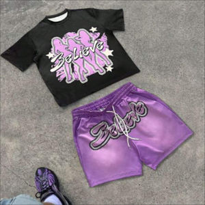 Ensemble deux pièces sérigraphié de haute qualité en coton, style vintage délavé, streetwear, t-shirt et short, logo personnalisé, coupe ample, pour hommes - Product Image 4