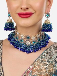 Antique Gold Plated Blue Zircon Tassel Necklace & Earring Set Women's Traditional Indian Wedding Jewelry Alloy Channel Setting - Product Image 3