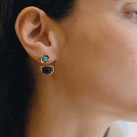 J&D Boucles d'oreilles pendantes vintage en acier inoxydable plaqué or 18 carats avec pierres naturelles Œil de tigre, Turquoise, Lapis Lazuli et Gravats, porte-bonheur, cadeau pour femme