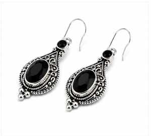 Boucles d'oreilles pendantes en argent sterling et onyx noir – Boucles d'oreilles ovales en argent 925 avec pierres précieuses noires et filigrane - Product Image 2