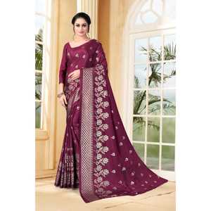 Sari de seda suave Chinon morado con blusa sin coser color vino - Product Image 1