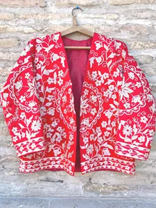 Luxury Boho Velvet Floral Embroidery Red Suzani <b>Jacket</b> <b>Women</b> Stand Collar Ethnic Style Handmade <b>Spring</b> Wear - Product Image 1