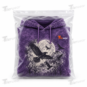 Sudadera con capucha morada para hombre con estampado de cuervo y luna, de forro polar, informal, de corte regular, para otoño, con efecto lavado ácido. - Product Image 6