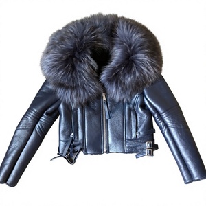 Women's Faux-Leather Crop <b>Jacket</b> With Fur-Collar Zipper-Closure Moto Biker Style Winter Outerwear - Product Image 1