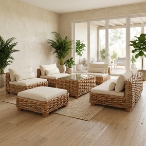 New Modern Minimalist Chunky Woven Rattan Sofa Set Wood Eco-Friendly Outdoor Patio Living Room Furniture Cushioned Lounge Suites - Product Image 2