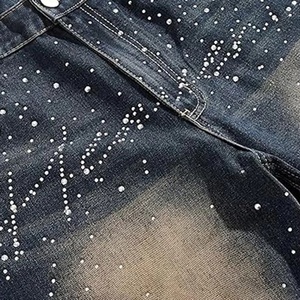 Mid Waist Vintage Distressed Denim <b>Shorts</b> with Rhinestones <b>Decoration</b> 100% Cotton Summer Casual Style - Product Image 4