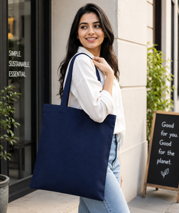 Sac fourre-tout en toile bleu marine, couleur unie, style minimaliste, sac de shopping toutes saisons - Product Image 5