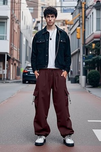 Pantalones Cargo Rojos Oscuros para Hombre, Cintura Elástica con Cordón, Múltiples Bolsillos, Corte Holgado Informal, Ligeros, para Verano - Product Image 5