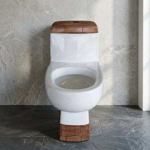 WC monobloc en céramique au design moderne avec finition bicolore en bois, cuvette élégante de designer pour ensemble de salle de bain - Product Image 3