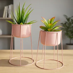 Support de plante moderne en métal rose poudré avec pot de fleurs cylindrique haut et base ronde élégante en fil métallique pour plantes d'intérieur, salon - Product Image 5