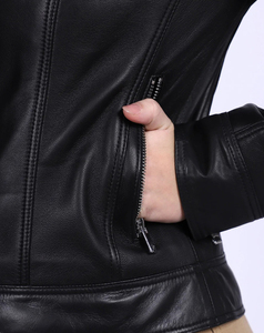 Chaqueta de moto de cuero genuino negra para mujer 2026 al por mayor, cuello alto, cremallera, abrigo de motociclista, MOQ bajo - Product Image 5
