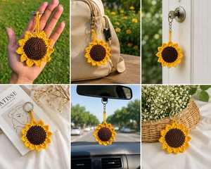 Porte-clés Tournesol au Crochet Fait Main en Fil de Coton Doux Écologique, Breloque Florale pour Sac, Charme Mignon pour Sac à Dos, Cadeau Esthétique - Product Image 3