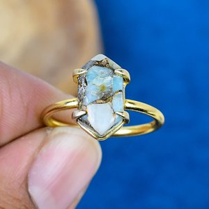 Natural Blue Copper Amazonite Hexagon Shape Gemstone <b>Ring</b> 18k Gold Micron Over 925 Sterling Silver - Product Image 2