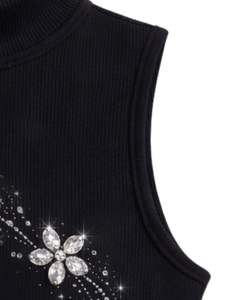 เสื้อกล้ามคอสูงสีดำแบบร่องสำหรับผู้หญิง ตกแต่งด้วยลายดอกไม้ประดับเพชร ไร้แขน เหมาะสำหรับฤดูร้อน ผลิตตามสั่ง - Product Image 5