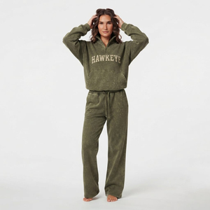 Trendy Elegant Olive Green Acid Wash Heavyweight 100% Cotton Women Tracksuit Set <b>Oversized</b> Quarter Zip Sweatshirt <b>Sweatpants</b> Two - Product Image 3
