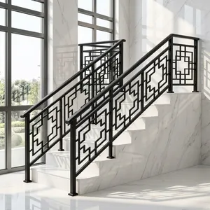 Rampe d'escalier moderne en métal noir avec main courante à motif géométrique pour maison, villa, bureau, balcon et décoration intérieure sécurisée - Product Image 2
