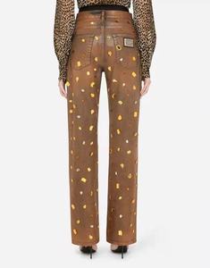 Jeans de Mezclilla de Cintura Alta y Pierna Recta con Estampado Dorado, Estilo Casual de Algodón para Otoño, para Mujer - Product Image 2