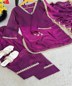Salwar Kameez de satén de seda de aspecto lujoso, hecho a mano, con encaje de perlas y espejo, con Dupatta, para fiestas, 84024 MBL-563 - Product Image 3