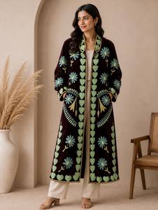 <b>Women</b> Hand <b>Embroidered</b> Suzani Velvet Coat Dark Plum Maroon Floral Heart Motif Long Duster <b>Jacket</b> Open Front Kimono Robe Boho - Product Image 1