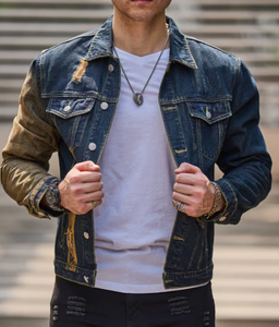 Hardihood International Veste en jean déchirée pour homme, bleu, effet délavé, patchwork, style streetwear décontracté, fermeture boutonnée, coupe classique - Product Image 1