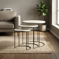 Ensemble de 3 tables gigognes modernes en fer et marbre, plateau rond en marbre blanc, structure en métal noir, tables basses d'appoint pour salon