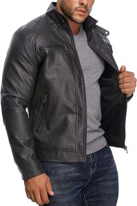 Men Black PU Leather Moto <b>Biker</b> <b>Jacket</b> Zipper Front Stand Collar Regular Sleeve Solid Color Autumn Style Windproof - Product Image 5