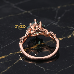 Anillo de Compromiso de Oro de 14K con Ágata Musgosa, Anillo de Diamantes con Hoja de Ágata Musgosa Verde Natural, Anillo de Novia Vintage para Mujer - Product Image 4