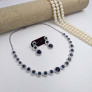 American Diamond <b>Necklace</b> <b>Set</b> <b>Silver</b> Plated Fashion Jewelry 11103289BLU - Product Image 2