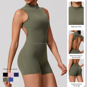 Turtleneck Cut-Out Yoga <b>Bodysuit</b> High Waist Solid Color Women's Activewear Sleeveless Shorts OEM Service - Product Image 1