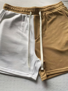 Men's Solid Color Blocked Panelled High Waist Drawstring Casual Breathable Windproof France Terry 100% Cotton Knitted Shorts - Product Image 5