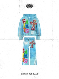Conjunto de Sudadera con Capucha y Pantalones para Miembros de los Saints, Diseño con Cruz de Pedrería y Brillo, Ropa Urbana Unisex, Corte Holgado, Moda Primavera - Product Image 3