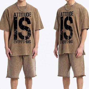 Acid Wash 100% algodón Casual ropa de hombre Camiseta de gran tamaño y pantalones cortos Puff estampado Logo Twin Set manga corta uso al aire libre - Product Image 5