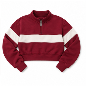 Customize Wine Red <b>Womens</b> Loose Fit <b>Half</b> <b>Zip</b> Cropped <b>Sweatshirt</b> Stand Collar Combed Cotton WHZCROP-0015 - Product Image 6