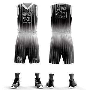 Conjunto de Uniforme de Baloncesto Sublimado Personalizado CSA APPARELS, Cuello en V, Sin Mangas, Absorbe la Humedad, Unisex para Adultos, Estampado Geométrico Morado - Product Image 1