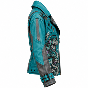 Türkisgraue Damen Echtleder Bikerjacke mit individuellem Schlangen-DJ-Print, asymmetrischem Reißverschluss, Nieten an Schulter und Ärmeln, Schnallenmantel - Product Image 3